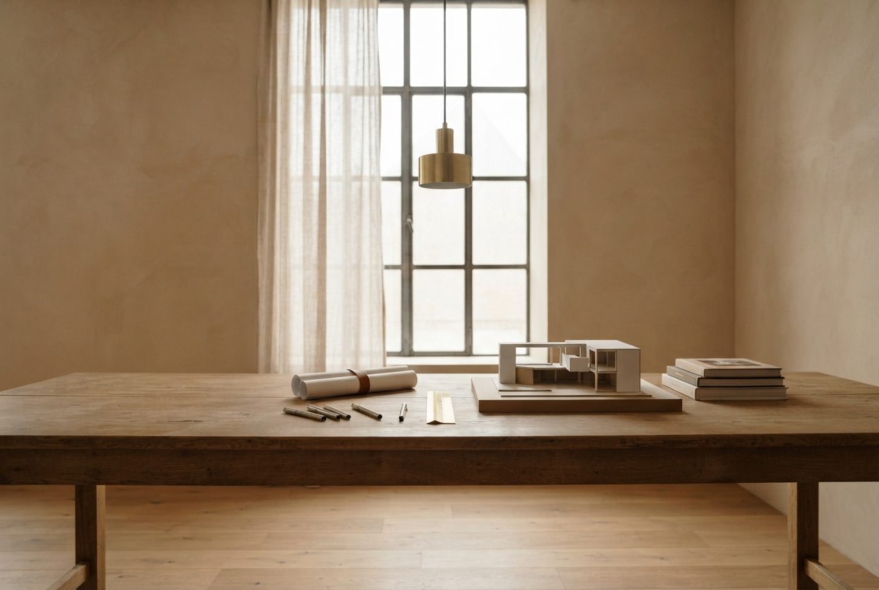 Atelier de design — table de travail en chêne sous une lumière douce